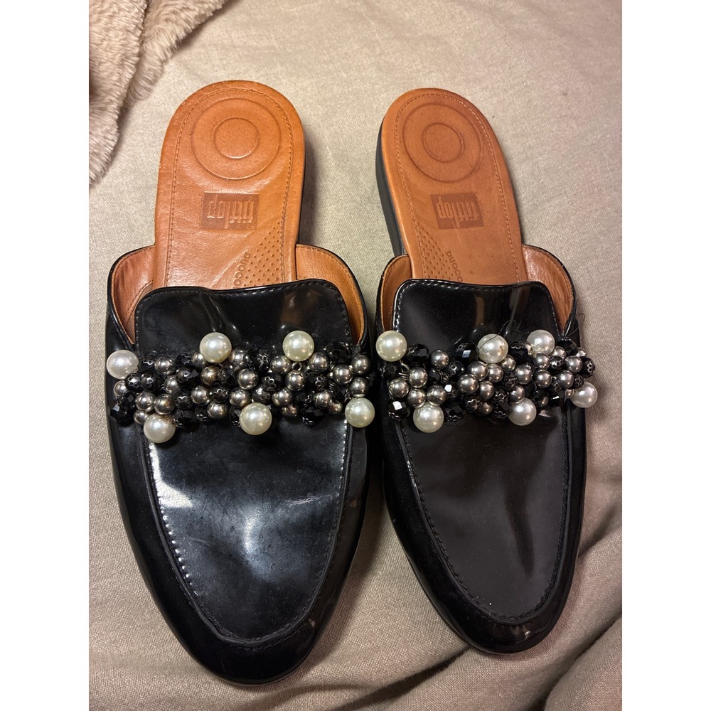 FitFlop Duocomff Black Patent Leather Pearl Beaded Mules Loafers Womens 10
